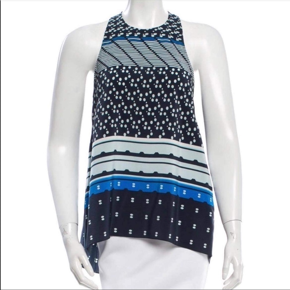 Jonathan  Simkhai blue geometric dot printed high low silk sleevless blouse Md